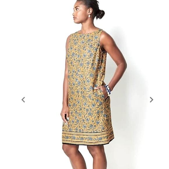 J Jill Linen Sheath Dress Floral Blue Gold Pockets Casual Knee Length - M - Picture 1 of 5